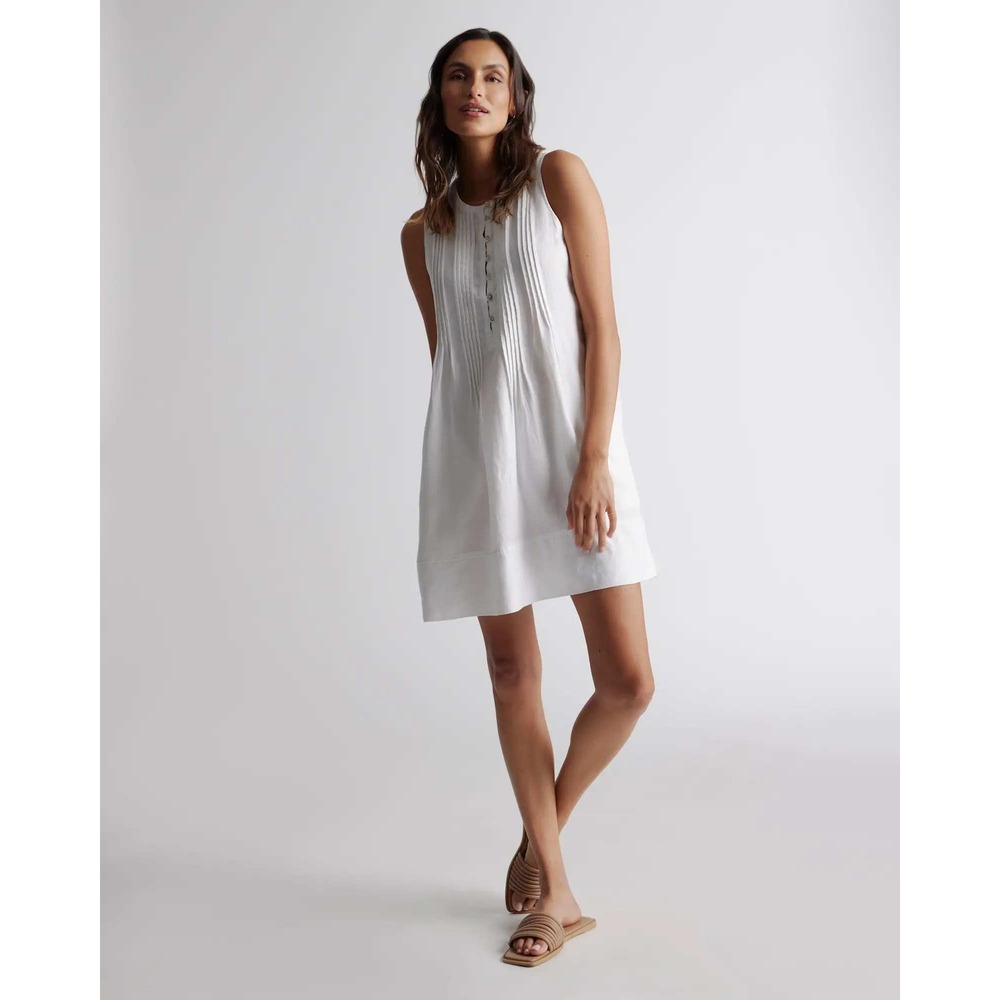 Quince European Linen Swing Dress White Sleeveless Pintuck Mini XL NWT